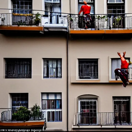 Prompt: some dwarfs are making some backward somersault from a balcony, photography