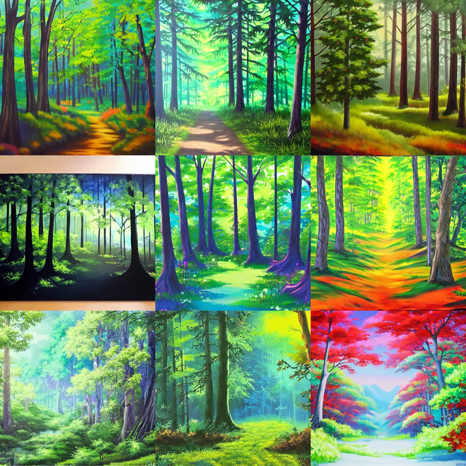 Prompt: acrylic painting of anime forest background