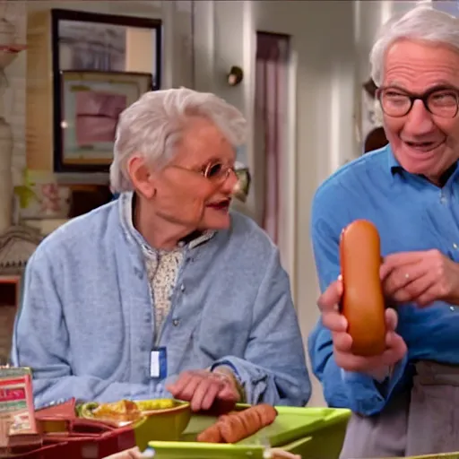 Image similar to a movie still from the antiques roadshow, old people discussing a priceless hot dog, uhd, 8k,