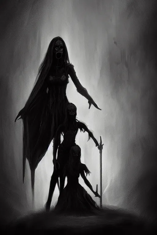Image similar to a black and white photo of a demon standing behind a woman, concept art by Þórarinn B. Þorláksson and Anato Finnstark, deviantart, gothic art, hellish, wiccan, macabre, demonic photograph