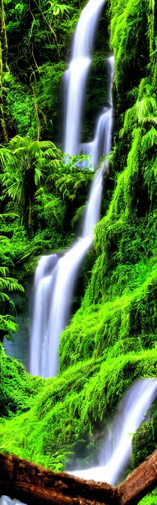 Prompt: A waterfall in a lush rainforest, colorful, cinematic