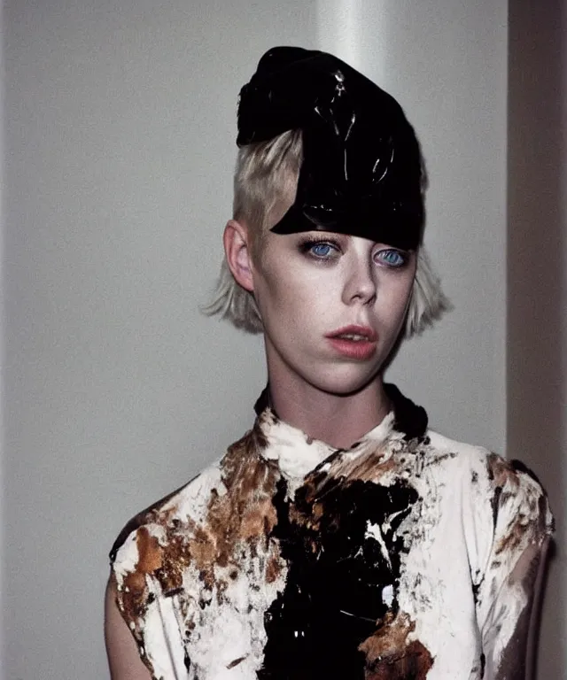 Prompt: a color photograph of edie campbell, bleached blonde short hair, by nan goldin, intense, bold, hyperrealistic, ultra sharp, extra details, ultra high quality, trending on pinteresst