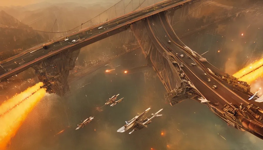 Image similar to Movie scene of fighter jets firing at damaged Golden Bridge with people and vehicles on it, hyperdetailed, artstation, cgsociety, 8k