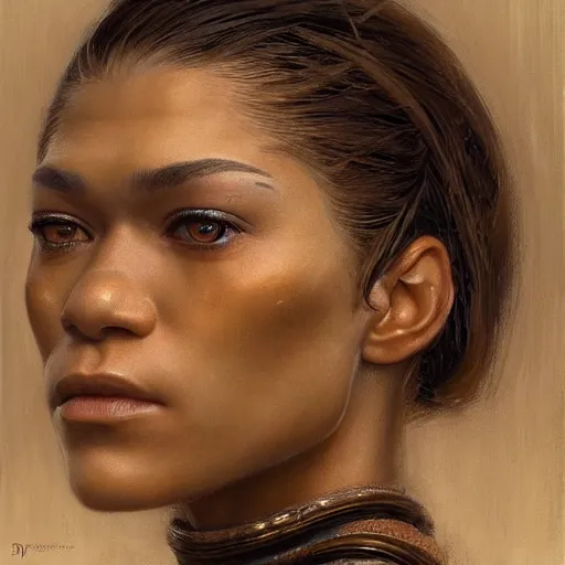 Image similar to zendaya as played in dune, closeup portrait art by donato giancola and greg rutkowski, realistic face, digital art, trending on artstation, symmetry!!