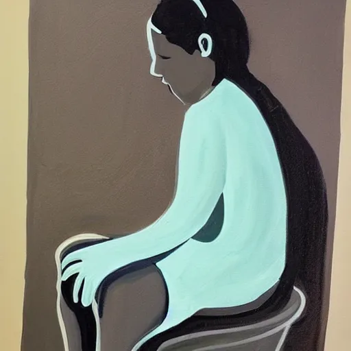 Prompt: painting of a person sitting on toilet scrolling through social media, sad, gloomy, dark