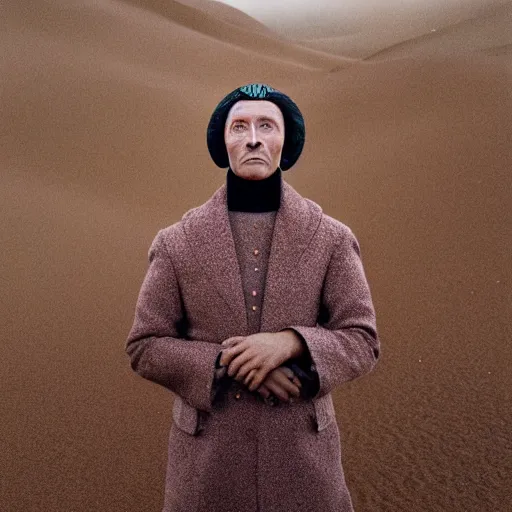 Prompt: An extremely avant-garde surreal portrait, face, highly detailed, intricate elegant editorial photo sharp focus bokeh in sand dunes with and black turtleneck robes and scarf in The Grand Budapest Hotel