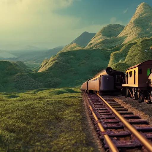 Image similar to miyazaki style, expansive landscape with mountains in the background and wind swept fields in the foreground, a steam powered train is going from left to right on tracks in the middle of the scene, ultra high quality render in 8 k ghibli film type