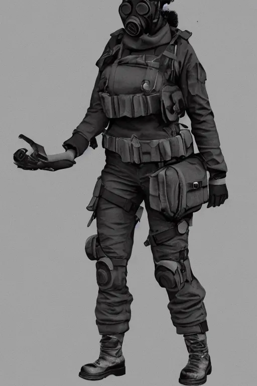 Image similar to british sas female operative with the standard s 1 0 gas mask and the black uniform, 8 0 s, artstation, trending on artstation, establishing shot