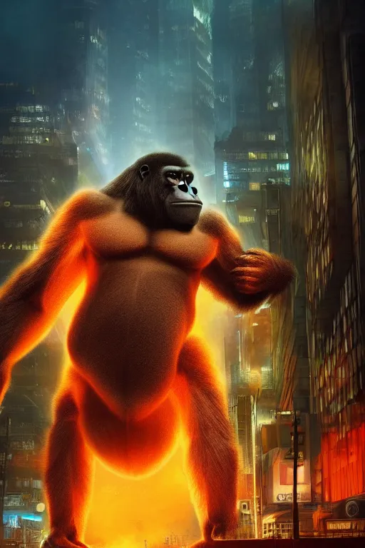 Image similar to concept art of huge gorilla be gorilla on burning tokyo city, cinematic composition, perfect lighting, art station trending