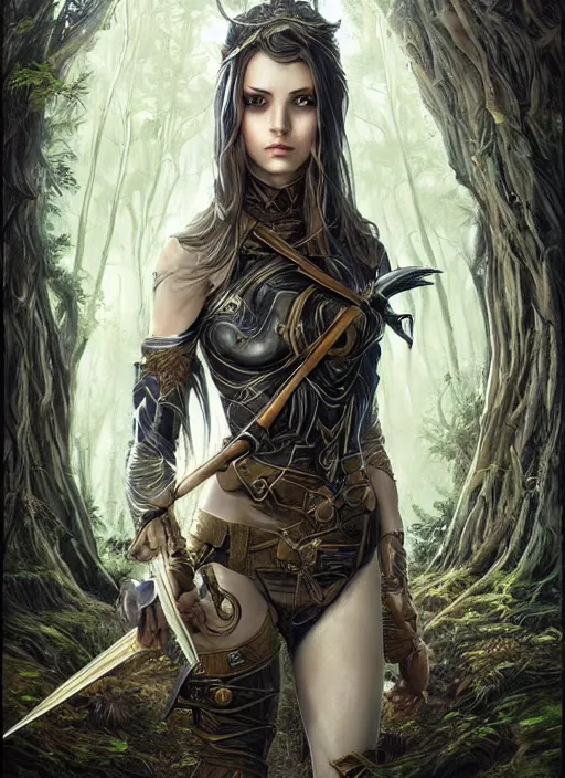 Image similar to a highly detailed symmetrical painting of a female fantasy ranger with piercing beautiful eyes in dark dead forest setting, trending on artstation, art by artgerm and karol bak and mark brooks