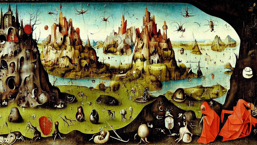 Prompt: a beautiful landscape with weird creatures by hieronymus bosch and johfra bosschart