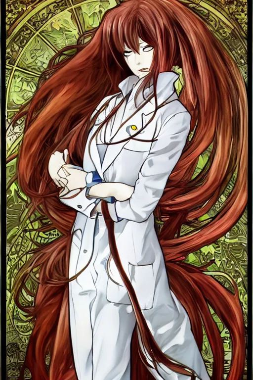 Prompt: Kurisu Makise in flowing lab coat tonemapped in the style of Ayami Kojima and Alphonse Mucha