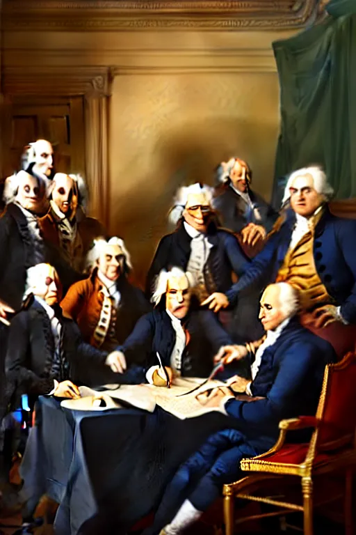 Prompt: portrait of a the signing of the declaration of independence made up of anthropomorphic owls, dramatic lighting, highly detailed, digital painting, artstation, concept art, smooth, sharp focus, illustration, art by wlop, mars ravelo and greg rutkowski