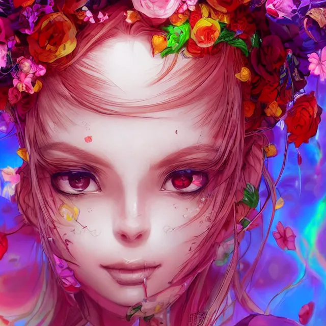 Image similar to studio portrait absurdly beautiful, elegant, lovely, young hypercolorful sensual anime teen rubies red petals gems, ultrafine hyperrealistic detailed face illustration by kim jung gi, irakli nadar, intricate linework, sharp focus, bright colors, matte, octopath traveler, final fantasy, unreal engine highly rendered, global illumination, radiant light, intricate rainbow environment