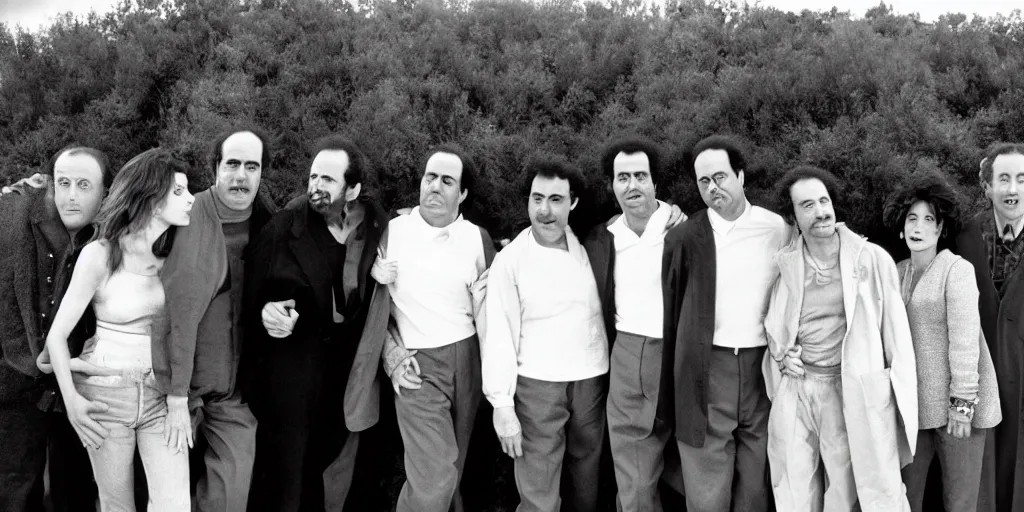 Prompt: the cast of seinfeld in a wide open field, photograph by andrei tarkovsky