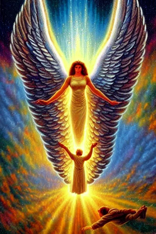 Prompt: a photorealistic detailed cinematic image of a guardian angel helping departed soul to the afterlife. met by friends and family, overjoyed, by pinterest, david a. hardy, kinkade, lisa frank, wpa, public works mural, socialist