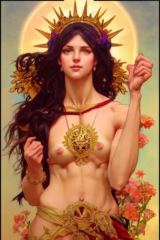 Image similar to goddess of love and peace, accurate anatomy, only two hands, highly detailed, digital painting, artstation, concept art, smooth, sharp focus, illustration, Unreal Engine 5, 8K, art by artgerm and greg rutkowski and alphonse mucha and IFBB pro fitness photograph