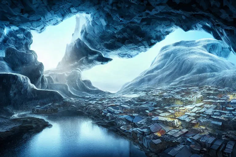 Prompt: favela spaceship cave tornado, snowy arctic environment, industrial factory, cliffs, peaks, bright, milky way, award winning art, epic dreamlike fantasy landscape, ultra realistic,