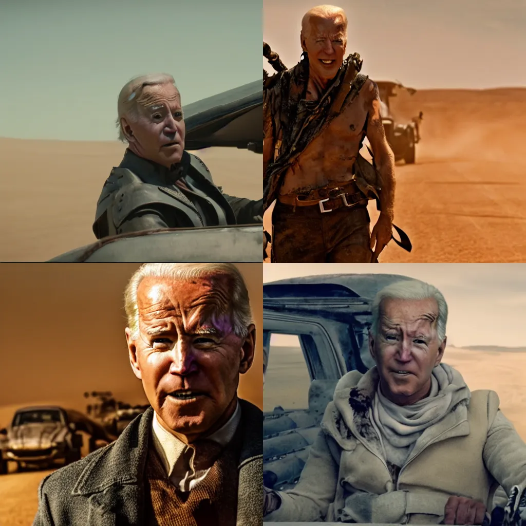 Prompt: film still of Joe Biden in Mad Max Fury Road, 4k wallpaper