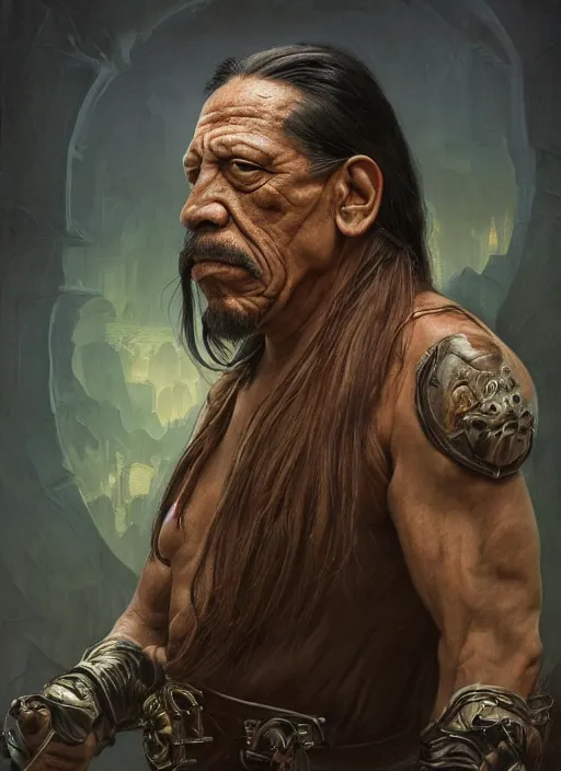 Image similar to Portrait of Danny Trejo, cloak, male, fantasy, extremely detailed, digital painting, artstation, concept art, smooth, sharp focus, illustration, stunning lighting, art by artgerm and greg rutkowski and alphonse mucha and simon stalenhag, realistic character concept, high fantasy, dark atmosphere, golden ratio, cinematic lighting, hyperdetailed, high resolution, insanely detailed and intricate, artstation, Marc Simonetti, Greg Rutkowski, 8k