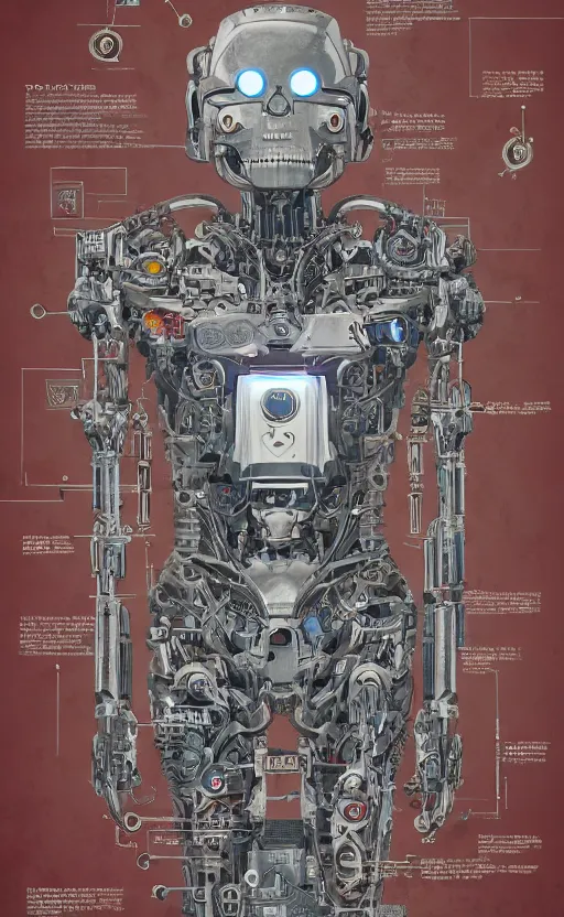 Image similar to anatomy of the terminator, robot, cyborg, t100, bloodborne diagrams, mystical, intricate ornamental tower floral flourishes, rule of thirds, technology meets fantasy, map, infographic, concept art, art station, style of wes anderson