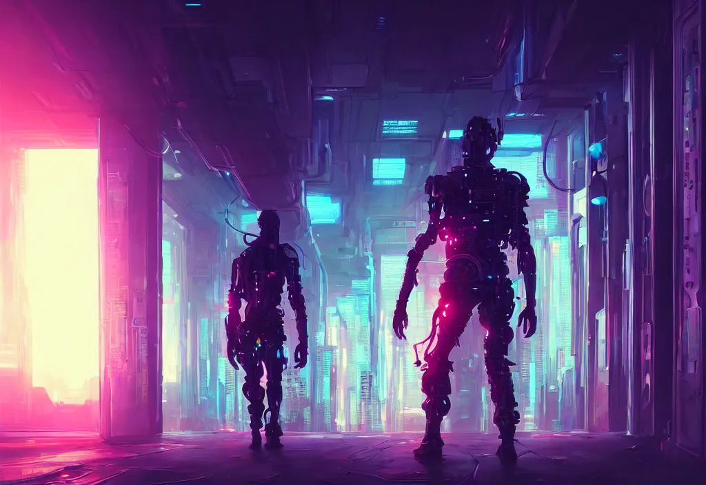 Prompt: art by vincent lefevre, cyberpunk by finnian macmanus, shot of film cyborg walking in server room, character design, altermodern, cityscape, synthwave, matte painting, trending on artstation, volumetric lighting, dramatic lighting