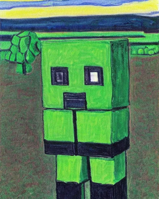 Prompt: minecraft creeper standing in a field by edvard munch