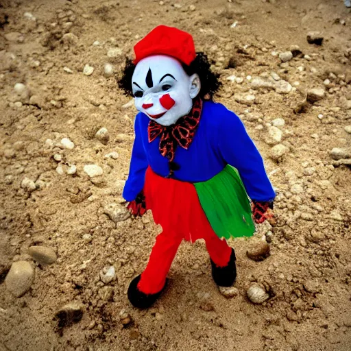 Image similar to a walking clump of dirt with a clown face