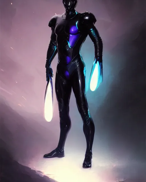 Image similar to toned character concept of iridescent sinewy smooth muscular male sleek glossy indigo black pearlescent scifi armor with continuous smooth black featureless helmet, by greg rutkowski, mark brookes, jim burns, tom bagshaw, magali villeneuve, trending on artstation