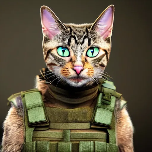 Image similar to cat soldier in call of duty warzone 4k, complete heterochromia brown-green eyes, high detail, high-resolution photograph, professional photography, ultra-detail