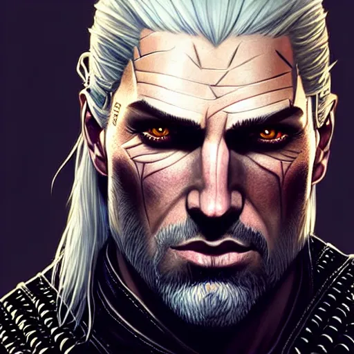 Image similar to Geralt of Rivia, D&D, amber eyes, muscular, fantasy, intricate, elegant, highly detailed, Witcher 3, digital painting, artstation, concept art, smooth, sharp focus, illustration, art by artgerm and greg rutkowski and alphonse mucha