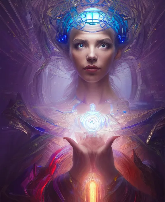 Image similar to a whirlwind of souls rushing inside the metaverse, half body, glowin eyes, tiara with sapphire, pharaoh, android, cyberpunk, d & d, fantasy, intricate, elegant, highly detailed, colorful, vivid color, digital painting, artstation, concept art, art by artgerm and greg rutkowski and alphonse mucha and ruan jia