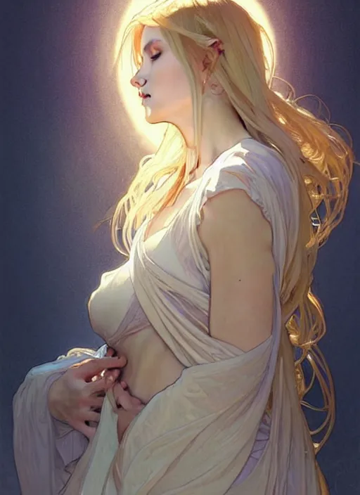 Image similar to a digital concept art by artgerm and greg rutkowski and alphonse mucha. clear portrait of a young wife blessed by god to uncontrollably become overwhelmingly perfect!! blonde, clothed, holy body!! light effect. hyper detailed, character concept, glowing lights!! intricate, elegant, digital painting, artstation, smooth, sharp focus