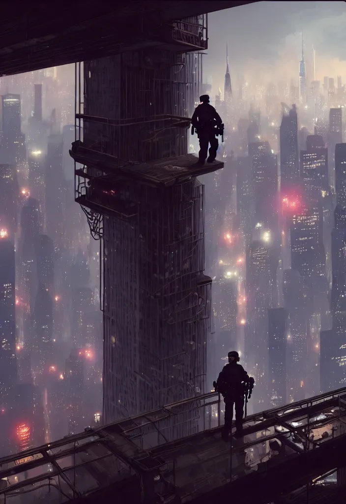 Image similar to a lone police officer overlooking a ledge towards the city below in ghostpunk new york city | highly detailed | very intricate | cinematic lighting | by asher brown durand and eddie mendoza | featured on artstation