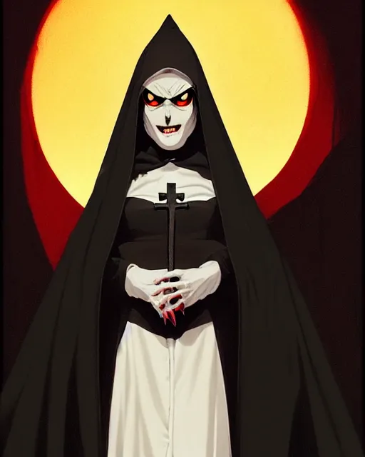 Prompt: single scary female vampire nun, evil grin, nun outfit, closeup, photoshoot, powerful, super detailed and intricate, by koson ohara, by darwyn cooke, by greg rutkowski, by satoshi kon