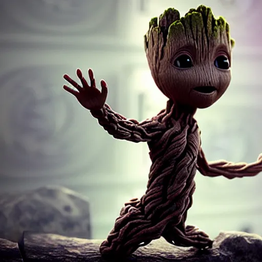 Image similar to photo realistic image of a baby groot giving baby yoga a piggyback ride, stunning 3 d render inspired art by istvan sandorfi and greg rutkowski, perfect facial symmetry, realistic, highly detailed attributes and atmosphere, dim volumetric cinematic lighting,