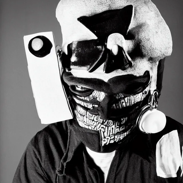 Image similar to Chaves El Chavo del Ocho wearing the MF Doom mask. a black and white photograph close-up studio portrait by Robert Mapplethorpe. Tri-x. Madvillain album cover