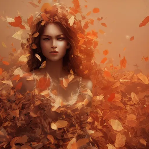 Image similar to a highly detailed digital image of an elegant woman surrounded and engulfed in leaves, matte background, artstation, detailed woman, stunning volumetric lighting, elegant, fantasy, 4k, 8k