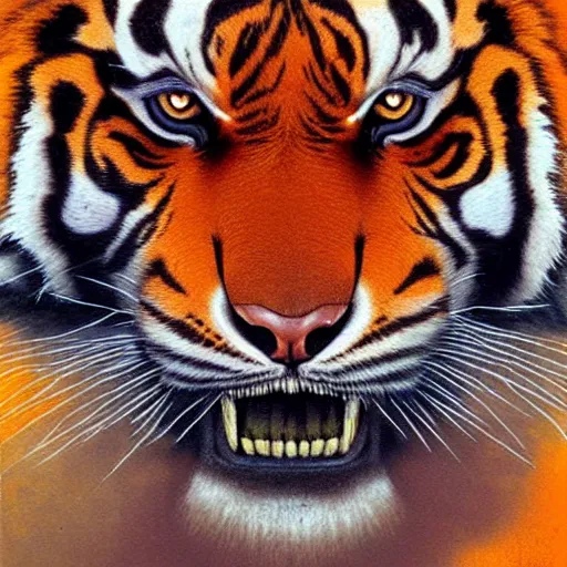 Prompt: Angry Tiger portrait, dark fantasy, orange, artstation, painted by Zdzisław Beksiński and Wayne Barlowe