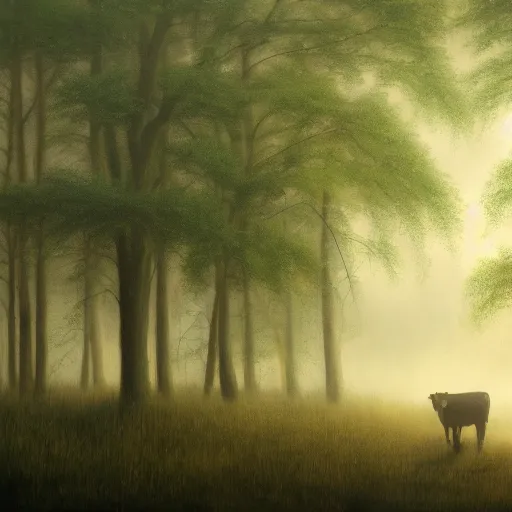 Image similar to Highly realistic painting of a cow standing in the middle of a dark forest, oak trees, fog, moody lighting, volumetric lighting