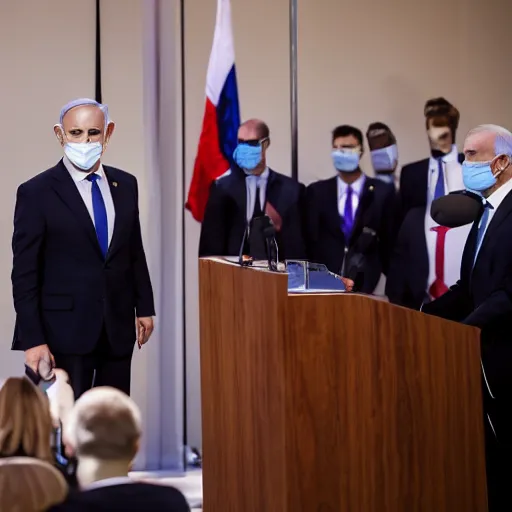 Image similar to photograph of Benjamin Netanyahu giving a speech while bodyguards wearing suits and medical masks are standing behind him ,a podium is in front of him, cinematic lighting, official media, HQ, 4K, news photography