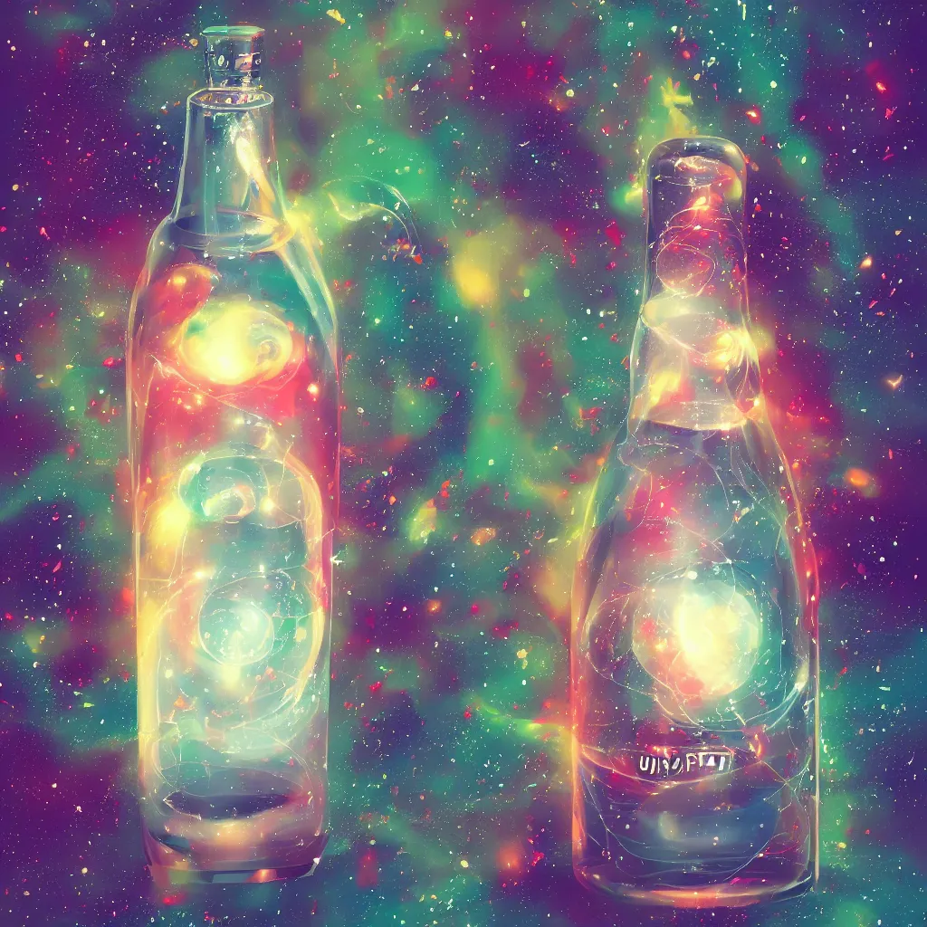 Image similar to the universe contained within a bottle, in a style of artstation