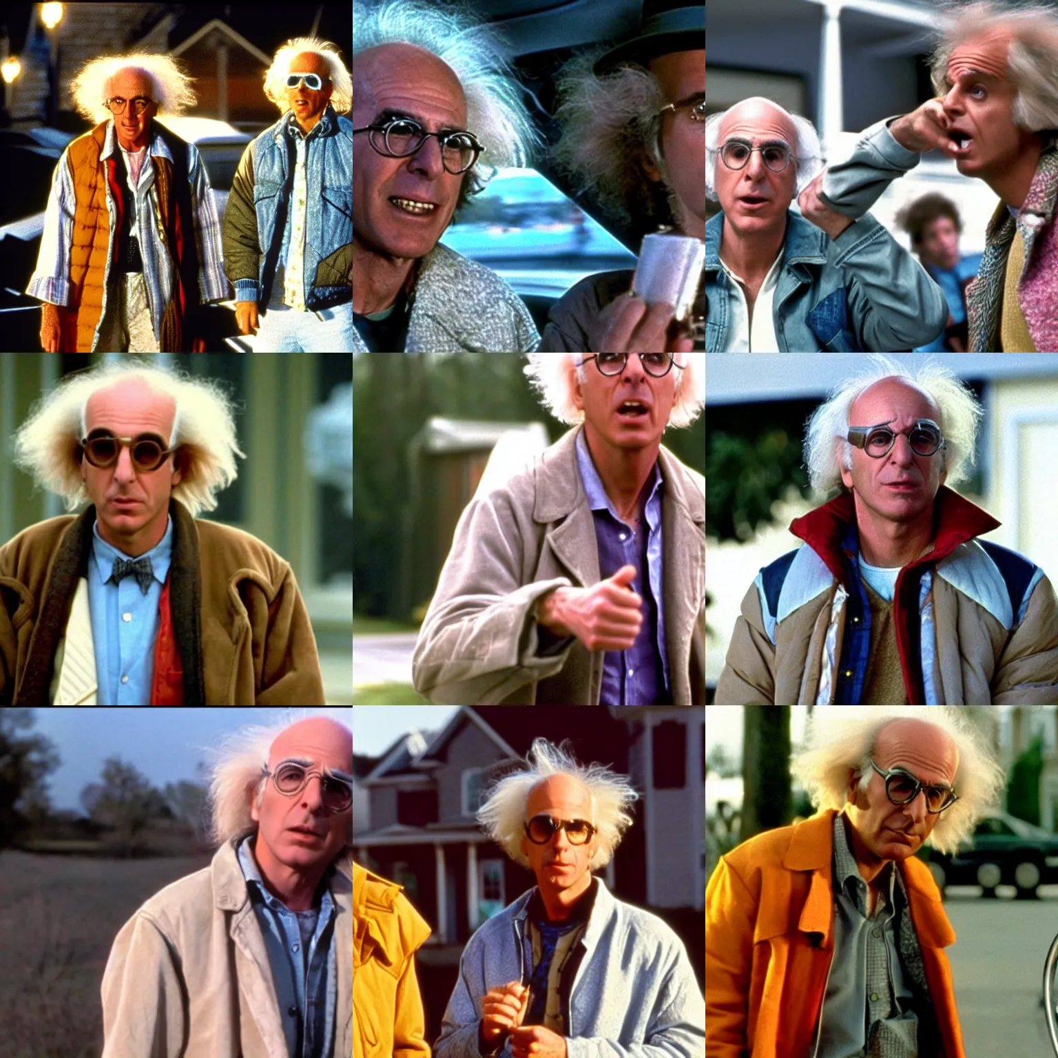 Prompt: a screenshot of larry david as doc brown in back to the future ( 1 9 8 5 )