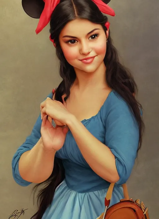 Prompt: beautiful thirty year old woman with long black hair, tan skin, curvy hourglass figure, round cute face, slight resemblance to selena gomez and vanessa hudgens wearing a frilly disney princess dress and a mickey mouse ears headband. she has a friendly smile. beautiful painting by artgerm and greg rutkowski lois van baarle and bouguereau