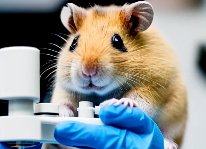 Prompt: film still of a hamster working in a research lab looking through a tiny microscope, 8 k