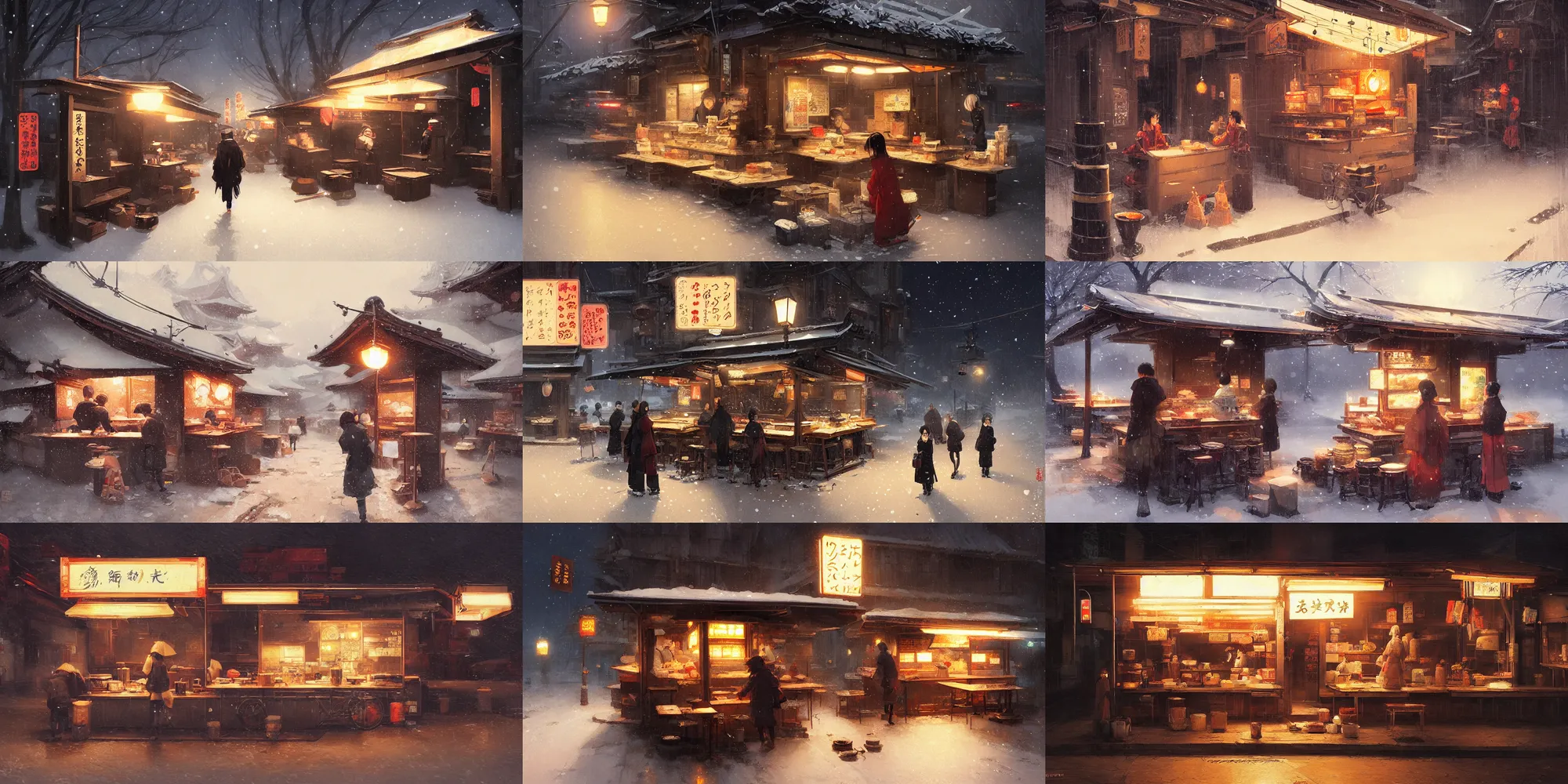 Prompt: anime visual edo period ramen stand by greg rutkowski, winter, night