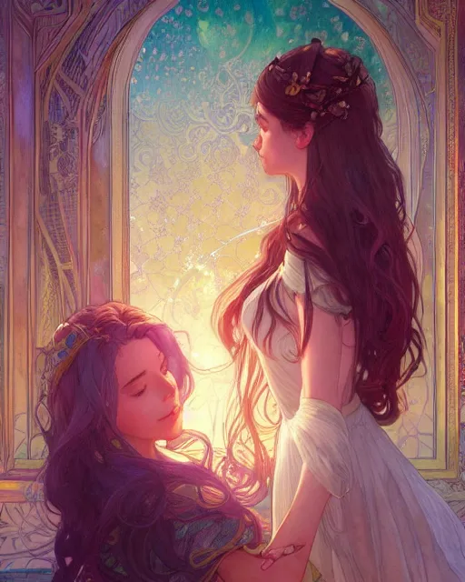 Image similar to secret romance, highly detailed,, gold filigree, romantic storybook fantasy, soft cinematic lighting, award, disney concept art watercolor illustration by mandy jurgens and alphonse mucha and alena aenami, pastel color palette, featured on artstation