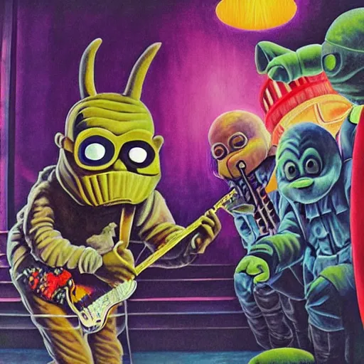 Prompt: beautiful lifelike painting of mf doom performing with slipknot and the teletubbies, hyperreal detailed facial features and uv lighting, art by ed roth and basil wolverton