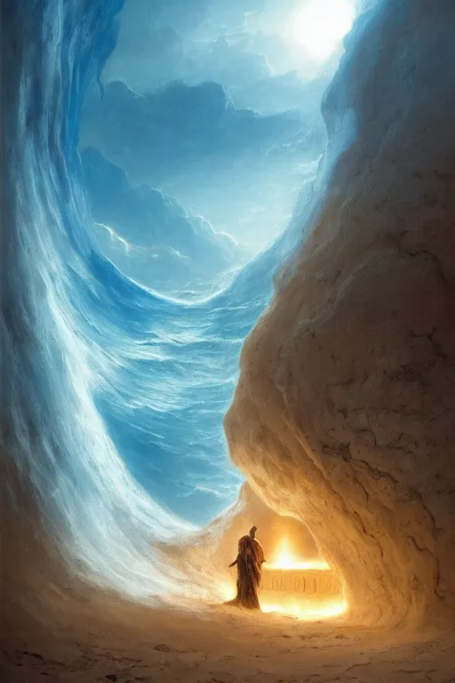 Image similar to a glowing magical portal inside a wave made of sand fantasy desert, portal, a man watching over, sci fi, lightning, night, midnight, arabia, by caspar david friedrich by james gillard and justin gerard, artstation, smooth, sharp focus, by jean baptiste, bernardo bellotto