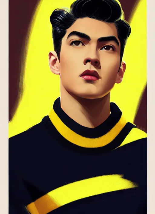 Image similar to portrait of young reggie mantle, mean smirk, egotistical, slicked back hair, striped yellow and black sweater, 1 9 5 0 s, intricate, elegant, glowing lights, highly detailed, digital painting, artstation, concept art, smooth, sharp focus, illustration, art by wlop, mars ravelo and greg rutkowski